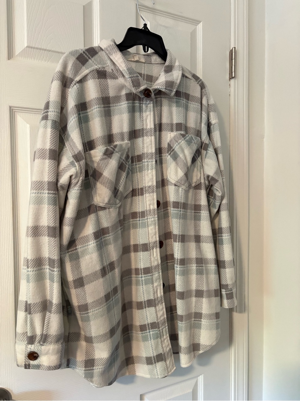 Maurices Plaid Button-Up Shacket in Cream, Gray & Light Blue
